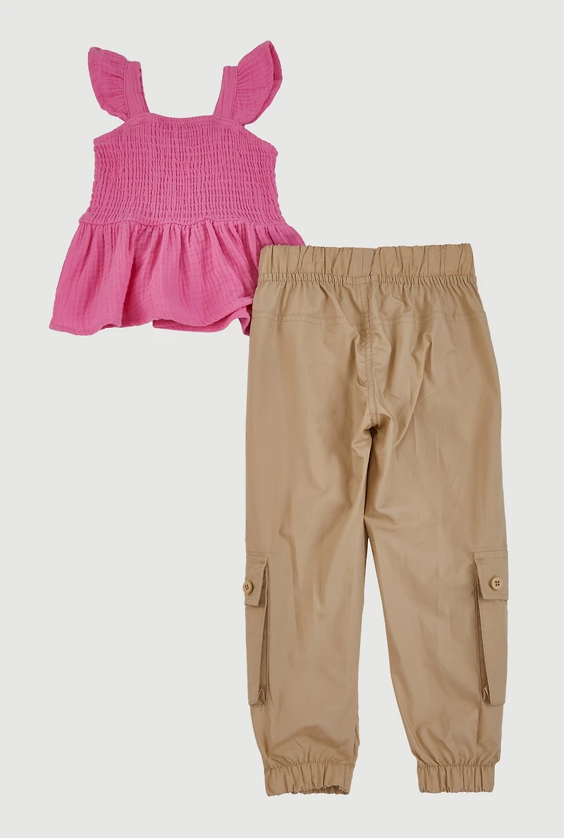 Toddler Girls Smocked Peasant Top and Cargo Joggers, Pink, Size 4T