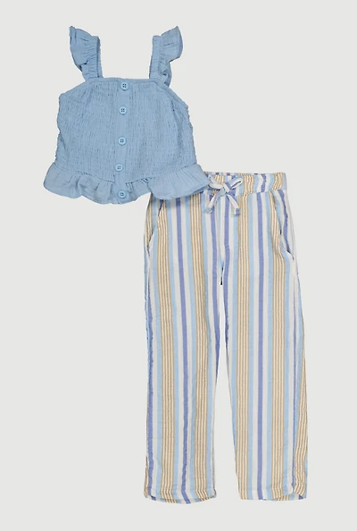 Toddler Girls Ruffled Smocked Top and Striped Pants, Blue, Size 4T