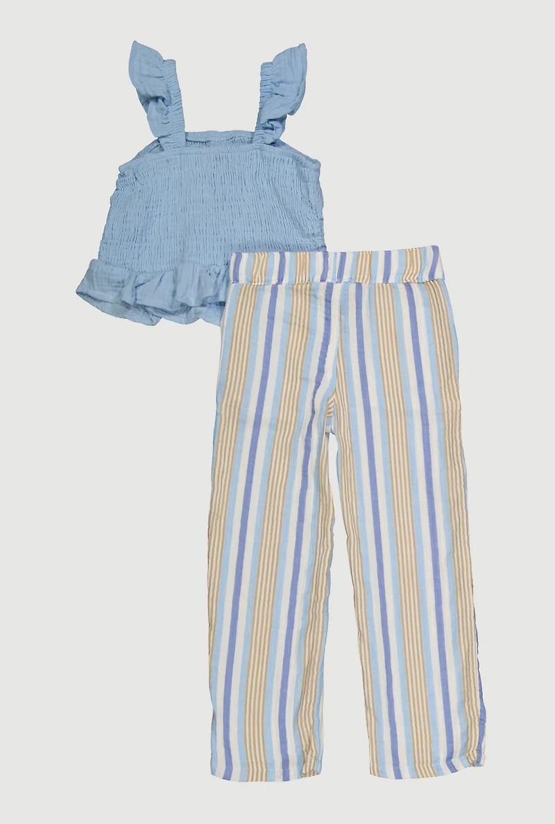 Toddler Girls Ruffled Smocked Top and Striped Pants, 2T