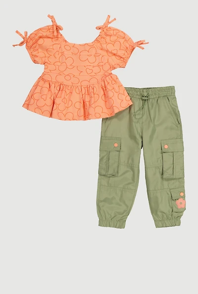 Toddler Girls Floral Print Peplum Top and Cargo Joggers