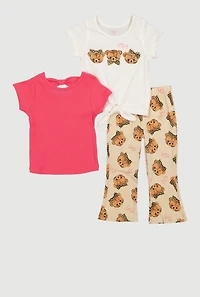 Toddler Girls Bear Graphic Rib Knit Tees and Flare Leg Pants