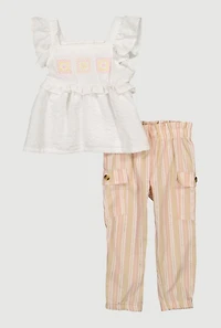 Toddler Girls Sleeveless Ruffled Top and Striped Cargo Pants
