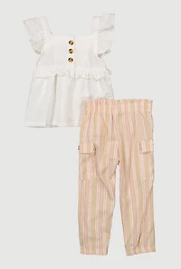 Toddler Girls Sleeveless Ruffled Top and Striped Cargo Pants