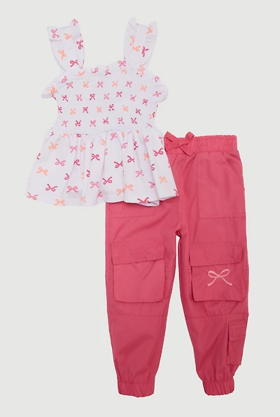 Toddler Girls Bow Print Peplum Top and Cargo Joggers Set
