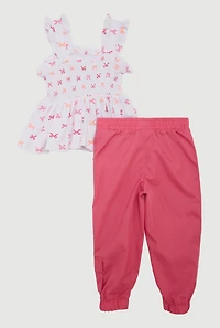 Toddler Girls Bow Print Peplum Top and Cargo Joggers Set