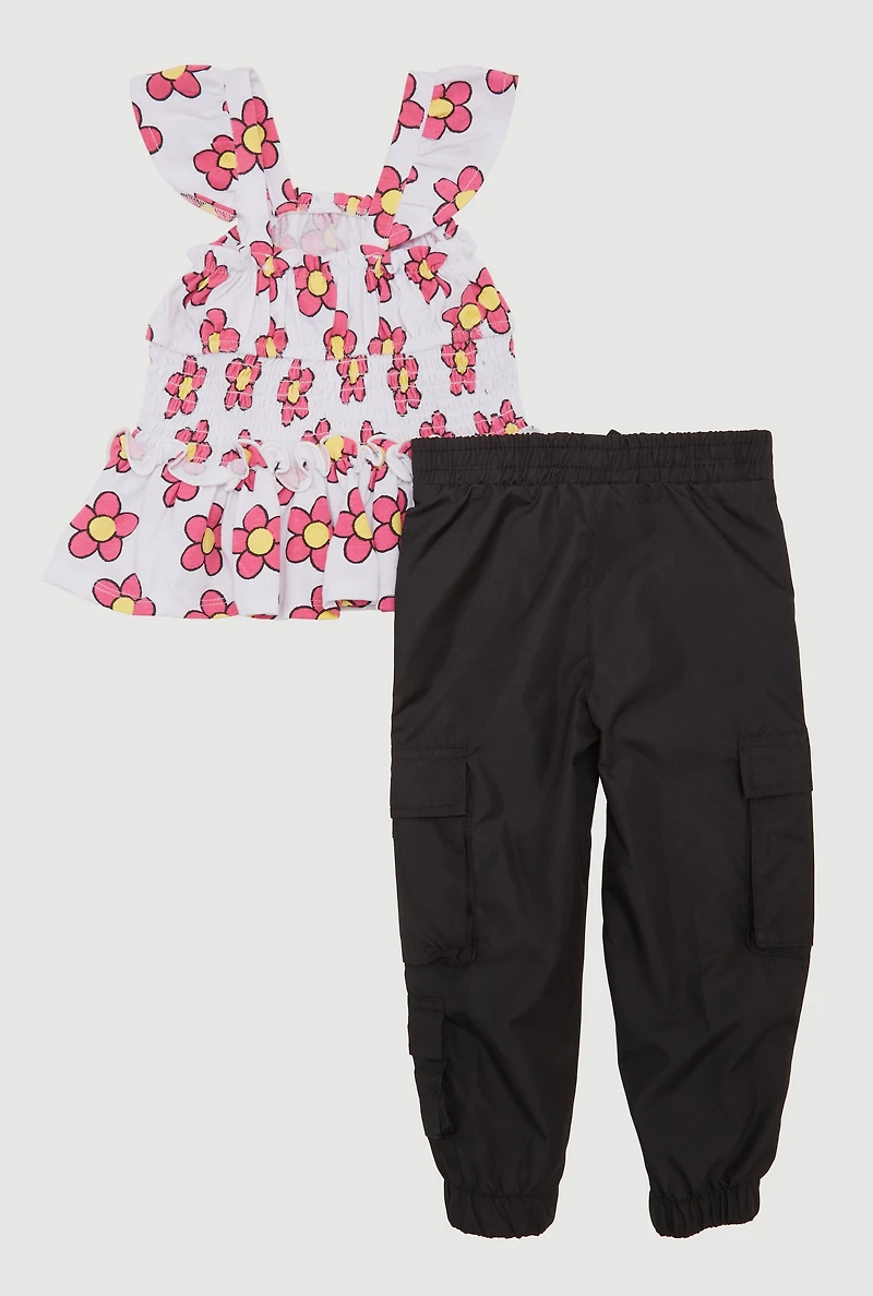 Toddler Girls Flower Print Sleeveless Top and Cargo Joggers