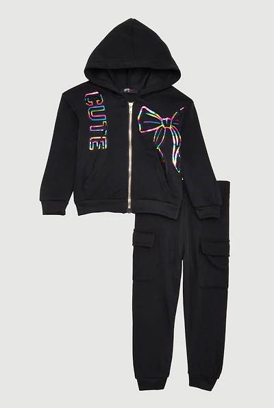 Toddler Girls Cute Bow Graphic Zip Front Hoodie and Joggers