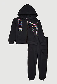 Toddler Girls Cute Bow Graphic Zip Front Hoodie and Joggers