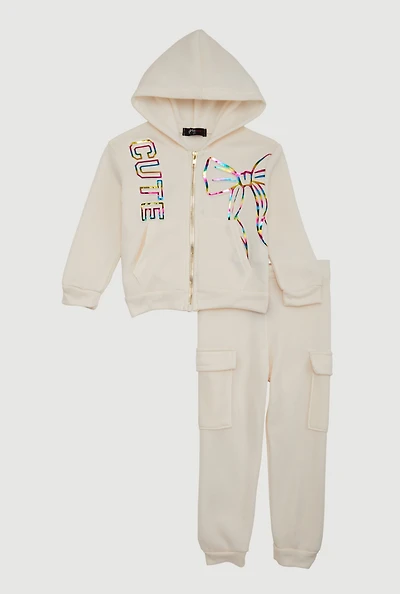 Toddler Girls Cute Bow Graphic Zip Front Hoodie and Joggers