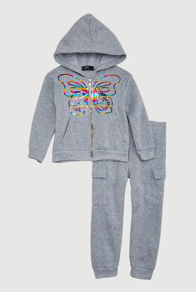 Toddler Girls Butterfly Foil Screen Sweatshirt and Cargo Joggers