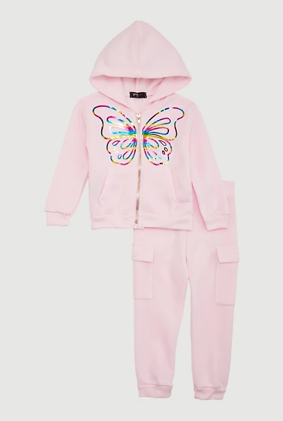 Toddler Girls Butterfly Foil Screen Sweatshirt and Cargo Joggers