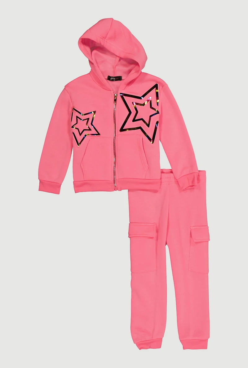 Toddler Girls Star Embossed Zip Front Hoodie and Joggers, Pink, Size 3T