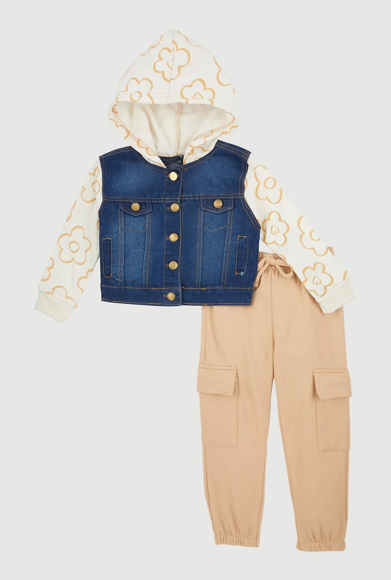 Toddler Girls Floral Layered Look Denim Jacket and Sweatpants, Beige, Size 2T