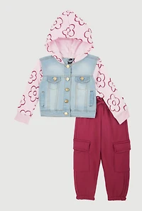 Toddler Girls Floral Layered Look Denim Jacket and Sweatpants