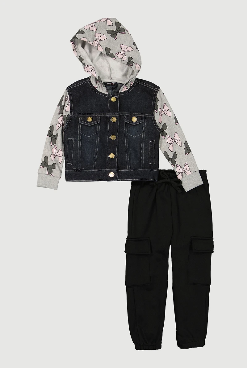 Toddler Girls Bow Fleece Sleeve Denim Jacket and Sweatpants