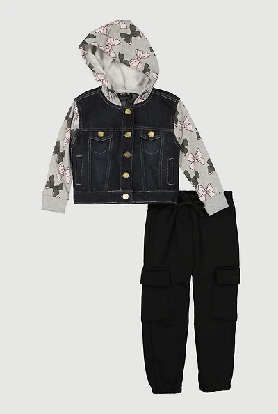 Toddler Girls Bow Fleece Sleeve Denim Jacket and Sweatpants