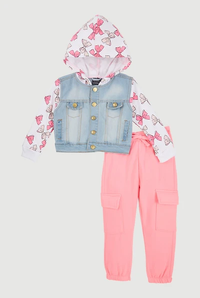 Toddler Girls Bow Fleece Sleeve Denim Jacket and Sweatpants, Pink, Size 2T