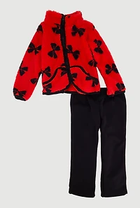 Toddler Girls Bow Print Sherpa Jacket and Sweatpants