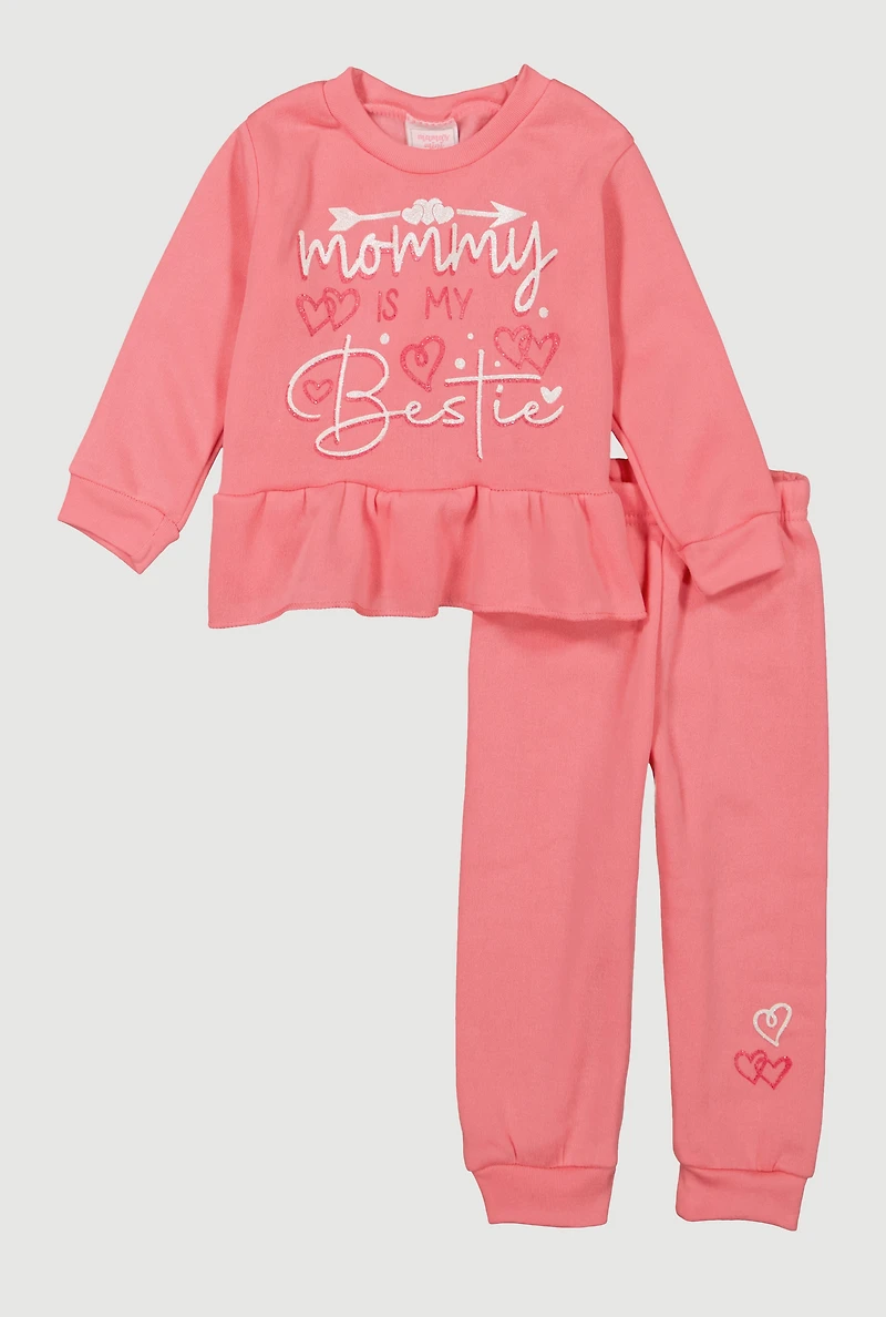 Toddler Girls Mommy Is My Bestie Glitter Sweatshirt and Joggers, Pink, Size 4T