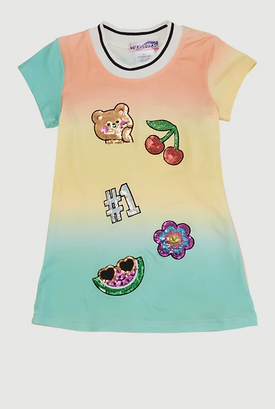 Toddler Girls Contrast Trim Sequin Patch Graphic Ombre T Shirt Dress