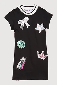 Toddler Girls Sequin Graphic Patch Dress, Black, Size 2T