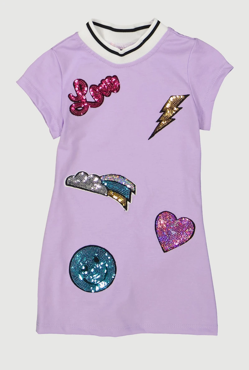 Toddler Girls Love Sequin Embroidered Graphic T Shirt Dress, Purple, Size 4T