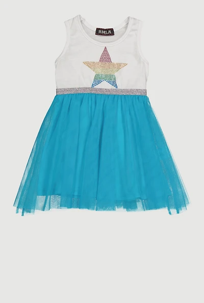 Toddler Girls Rainbow Star Studded Tutu Dress, Blue, Size 2T