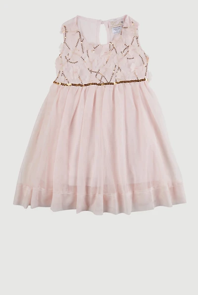 Toddler Girls Flower Applique Sequin Detail Tulle Dress, Pink, Size 3T