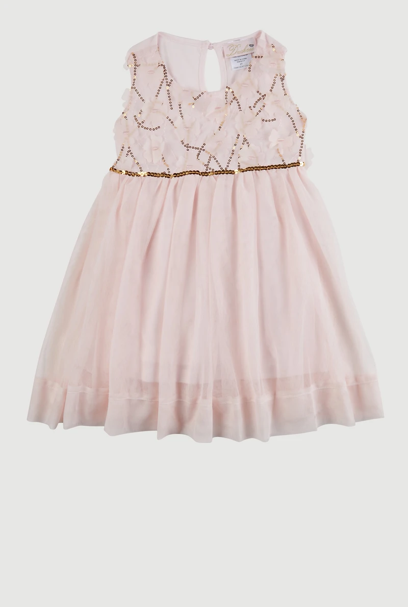 Toddler Girls Flower Applique Sequin Detail Tulle Dress, Pink,