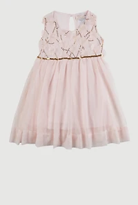 Toddler Girls Flower Applique Sequin Detail Tulle Dress, Pink,