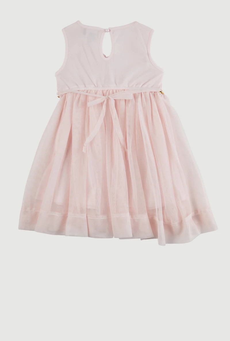 Toddler Girls Flower Applique Sequin Detail Tulle Dress, Pink, Size 3T