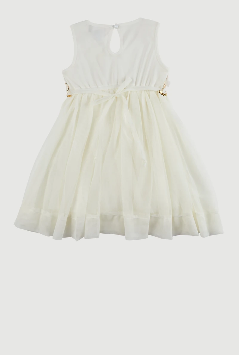 Toddler Girls Sequin Flower Detail Tulle Dress, White, Size 2T