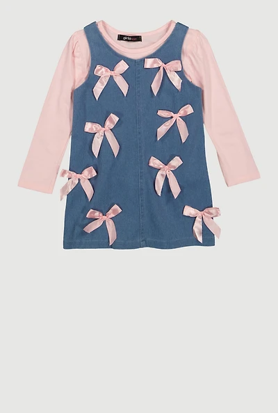 Toddler Girls Bow Overall Dress with Long Sleeve Top