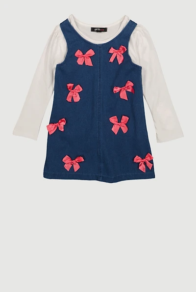 Toddler Girls Bow Overall Dress with Long Sleeve Top
