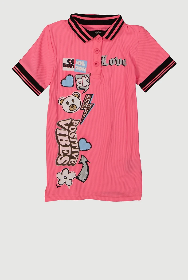 Toddler Girls Rib Knit Varsity Stripe Positive Vibes Dress, Pink, Size 2T