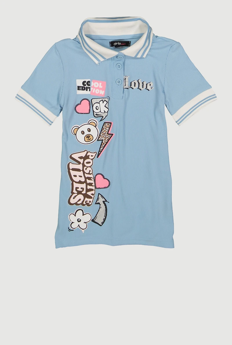 Toddler Girls Rib Knit Varsity Stripe Positive Vibes Dress