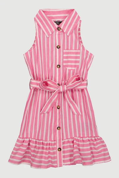 Toddler Girls Linen Striped Shirt Dress, Pink, Size 2T