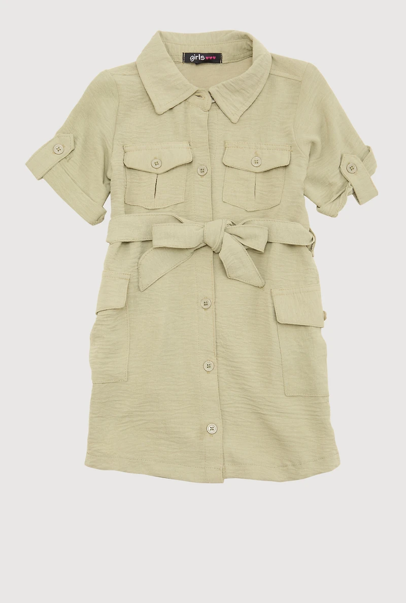 Toddler Girls Airy Utility Shirt Dress, Green,