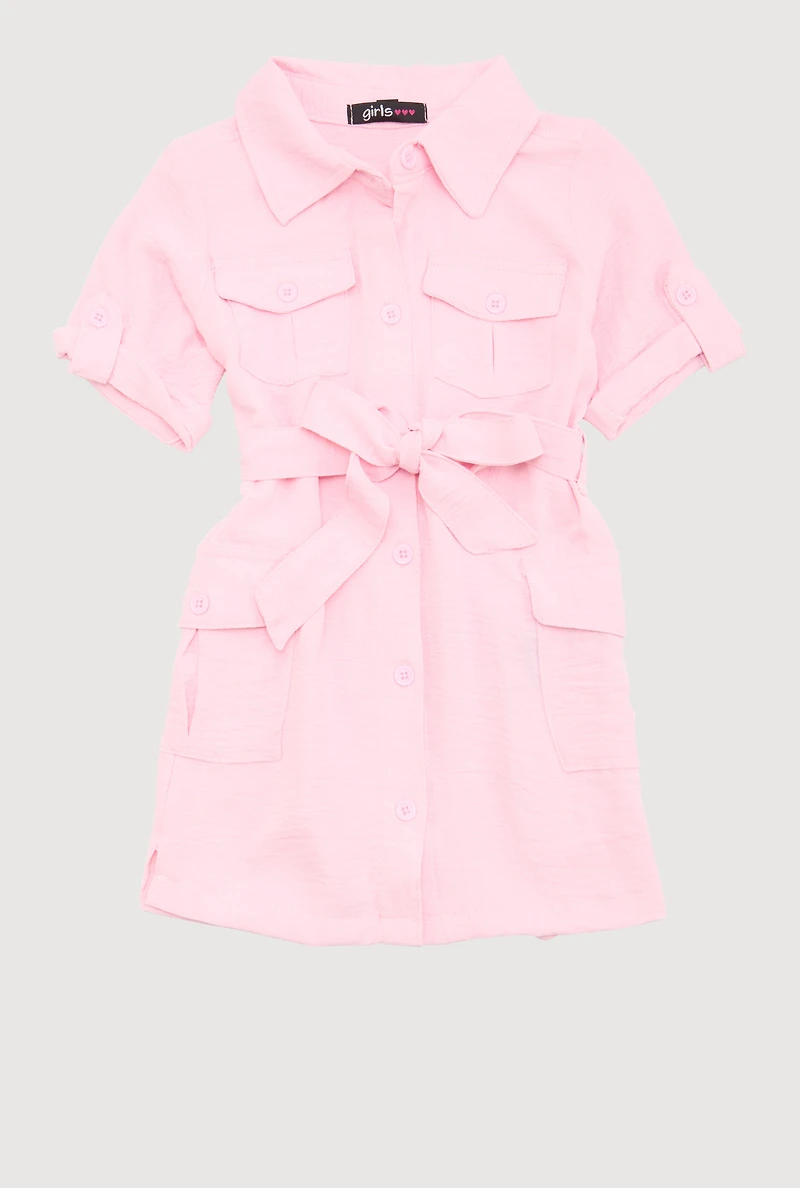 Toddler Girls Airy Utility Shirt Dress, Pink, Size 3T