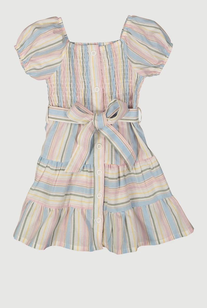Toddler Girls Smocked Button Front Tiered Dress, Multi, Size 2T