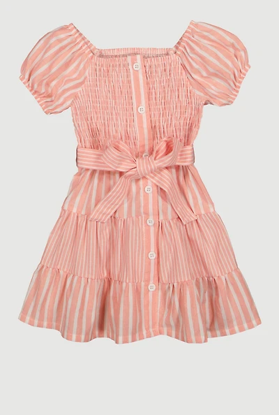 Toddler Girls Smocked Button Front Tiered Dress, Pink, Size 2T
