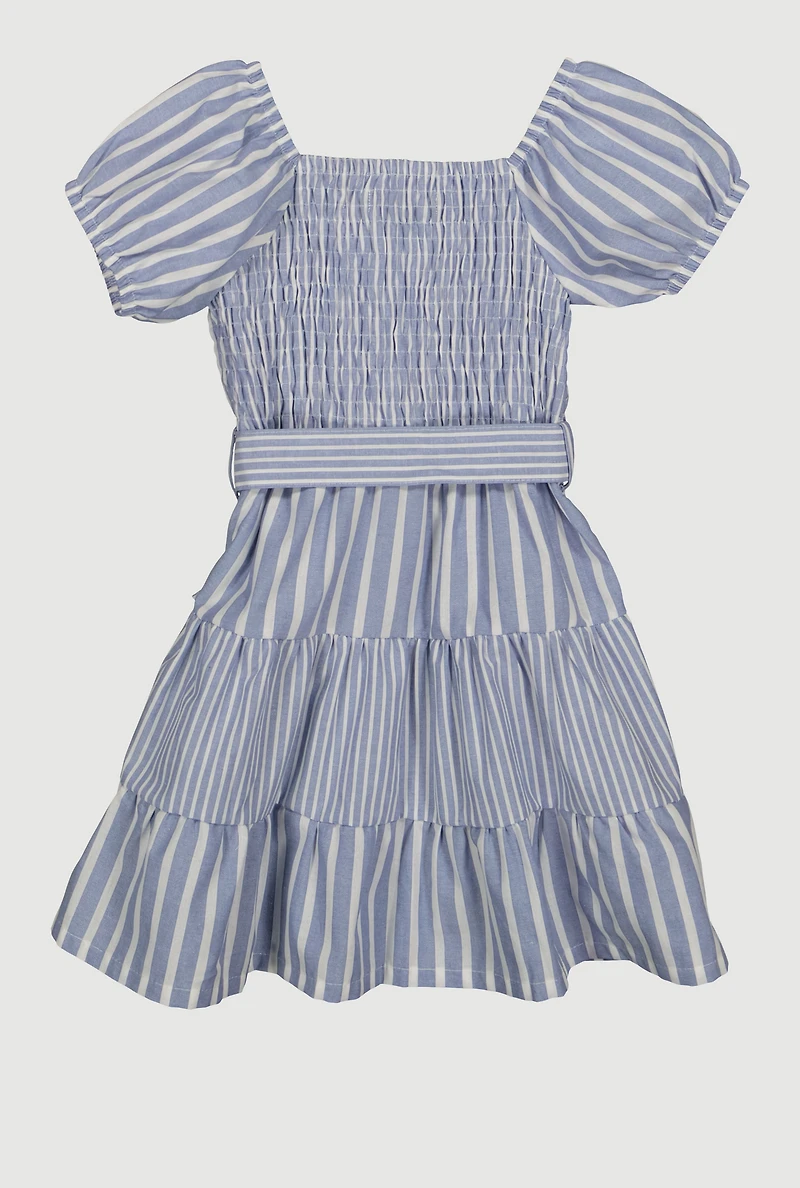 Toddler Girls Smocked Button Front Tiered Dress, Blue, Size 3T