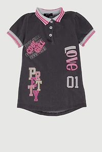 Toddler Girls Graphic Puff Sleeve Denim Polo Dress
