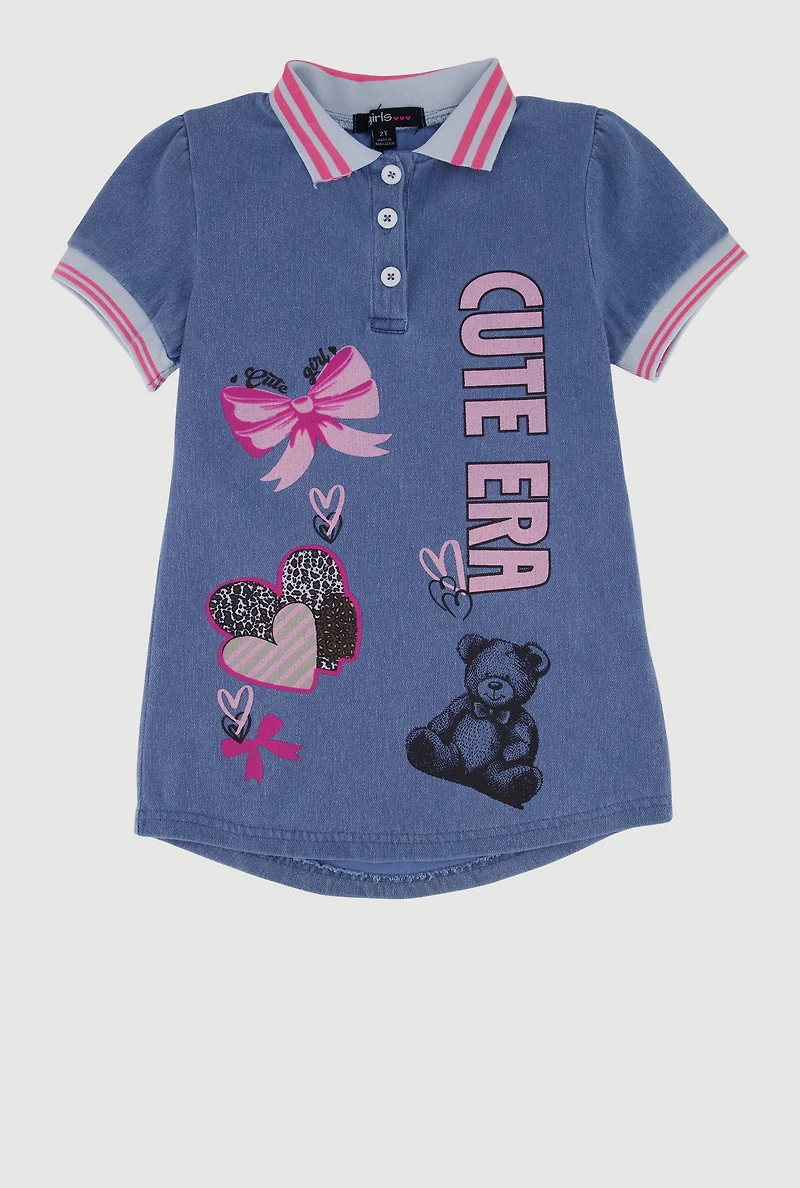 Toddler Girls Graphic Puff Sleeve Denim Polo Dress