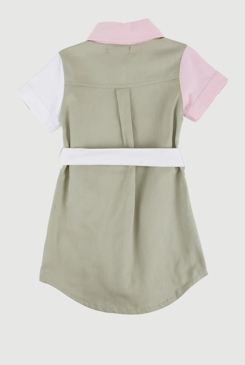 Toddler Girls Twill Color Block Shirt Dress, Multi,