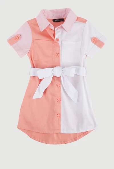 Toddler Girls Twill Color Block Shirt Dress, Orange, Size 2T
