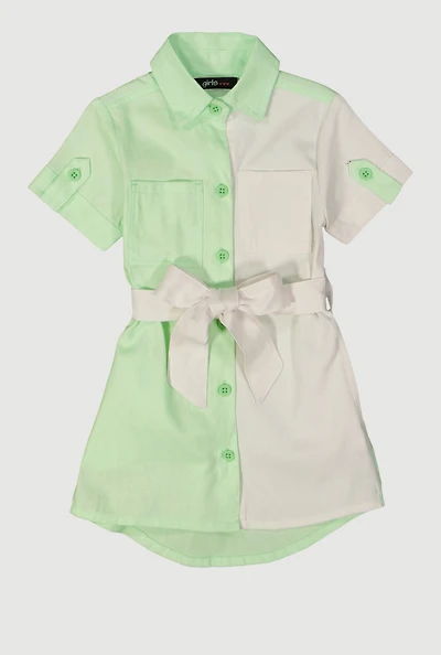 Toddler Girls Color Block Tie Waist Shirt Dress, Green, Size 4T