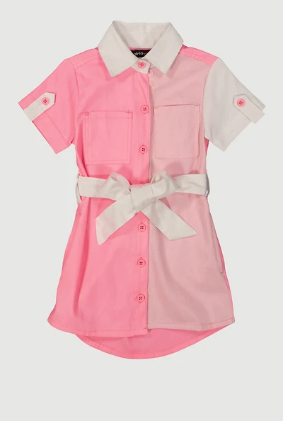 Toddler Girls Color Block Tie Waist Shirt Dress, Pink,