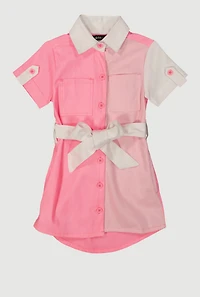 Toddler Girls Color Block Tie Waist Shirt Dress, Pink,