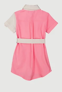 Toddler Girls Color Block Tie Waist Shirt Dress, Pink,